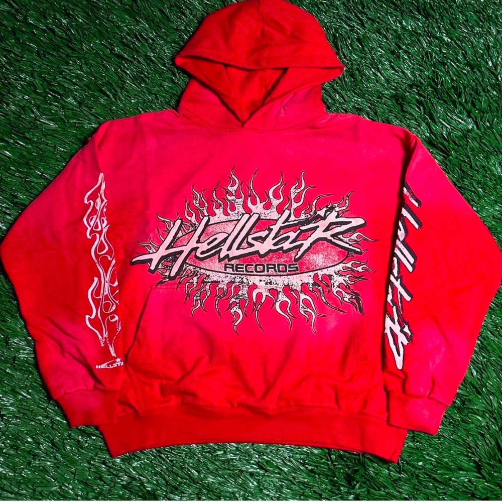 Vibrant Red Hoodie with Bold Graphic Design and Flame Accents